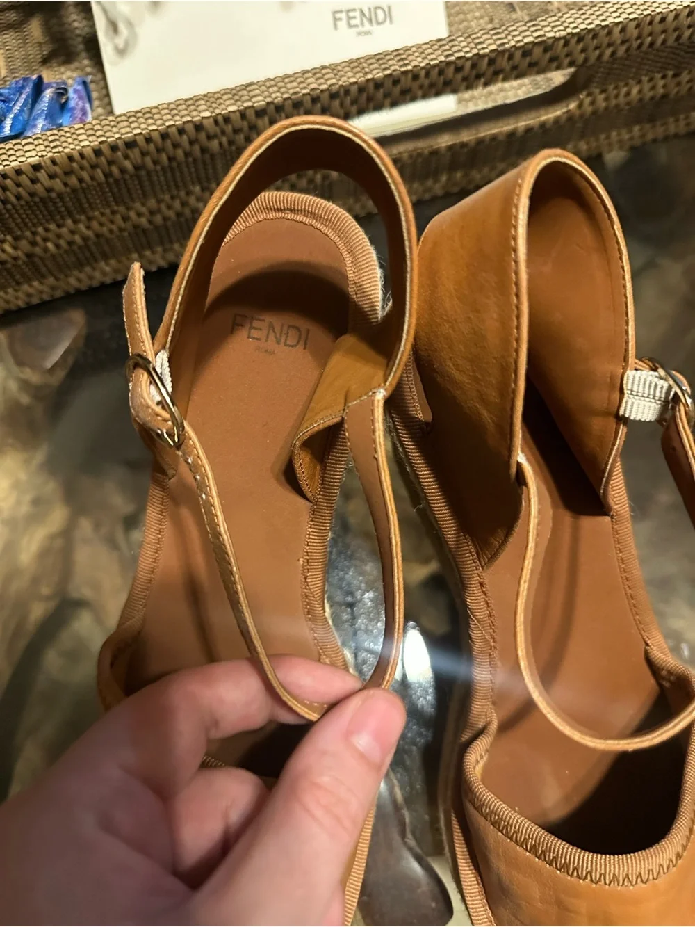 Fendi Brown FF Embossed Leather Espadrille Ankle Strap Wedge Sandals